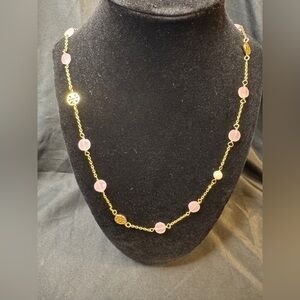 NWOT Tory Burch Roxanne Pink w/ Pearl Logo Delicate Goldtone Long Chain Necklace